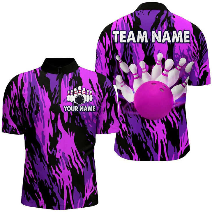 Goofygear Purple Camo Bowling Shirt Unisex Bowling Team Jersey For Men & Custom Bowling 1/4 Zip Style 1