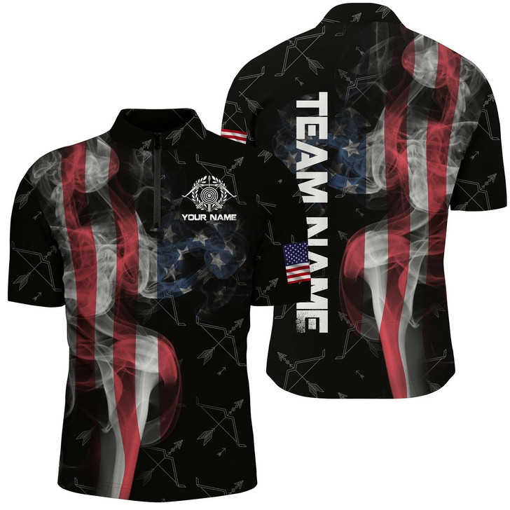 Goofygear Personalized Vintage Smoke Us Flag Archery Quarter-Zip Shirts For Men, Archery Bows Pattern Jerseys
