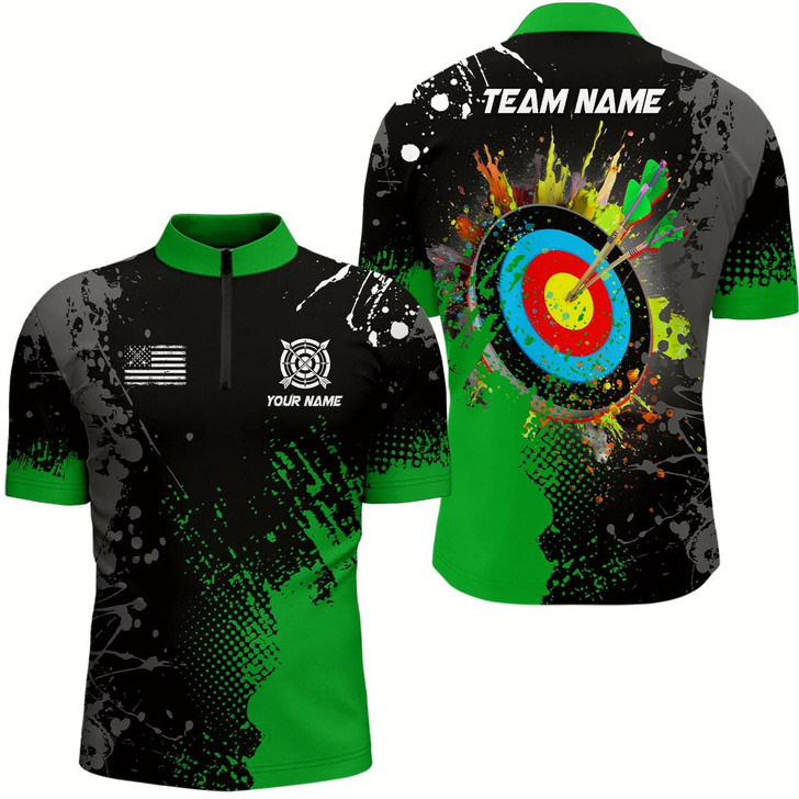 Goofygear Personalized Paint Green 3D Target Archery Men Quarter-Zip Shirts, Archery Jerseys Attires