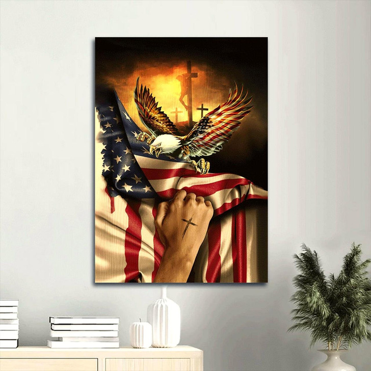 Canvas Wall Art Featuring The American Flag Bald Eagle And A Powerful Portrait Of Jesus Christ On The Cross