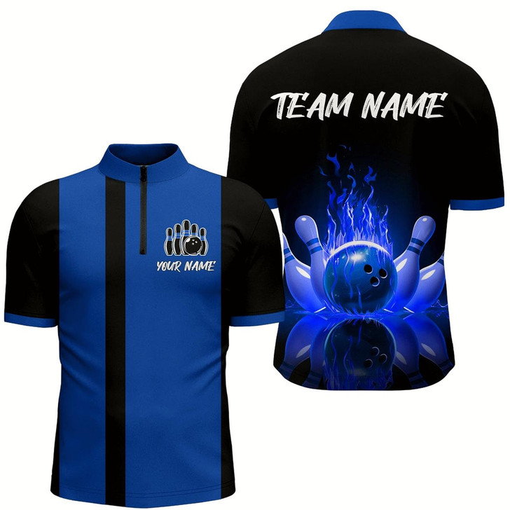 Goofygear Blue Flame Bowling Shirt For Men & Custom Bowling Jersey Team League Bowling 1/4 Zip
