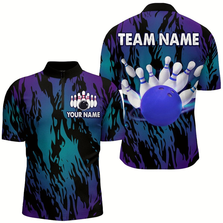 Goofygear Teal&Purple Camo Bowling Shirt Unisex Bowling Team Jersey Men & Custom Bowling 1/4 Zip