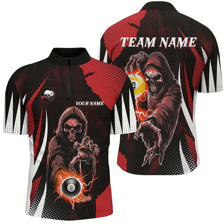 Goofygear Funny Red Death Skeleton Billiard 8 Ball & 9 Ball Men Quarter-Zip Shirts, Billiard Jersey