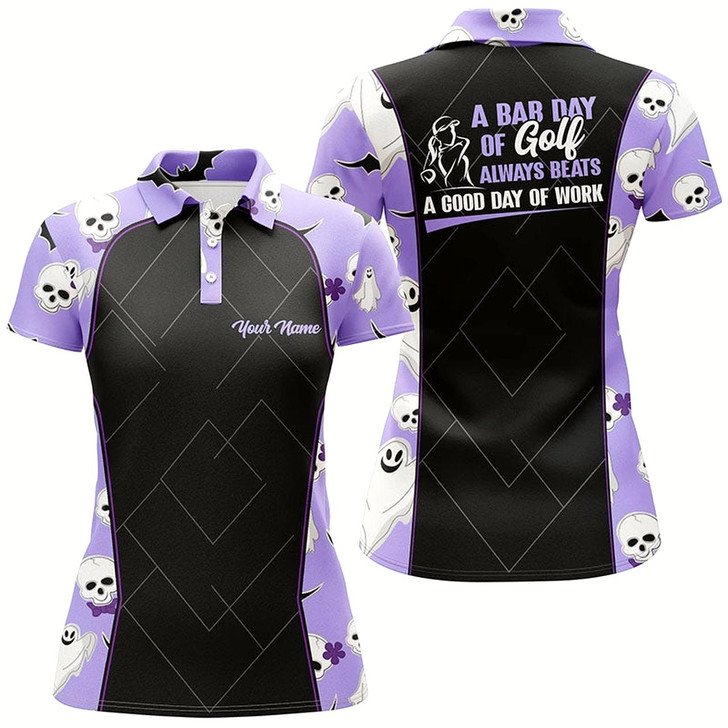 Goofygear Womens Purple Halloween Golf Polo Shirt, Halloween With Skulls And Ghosts Golf Shirts For Women