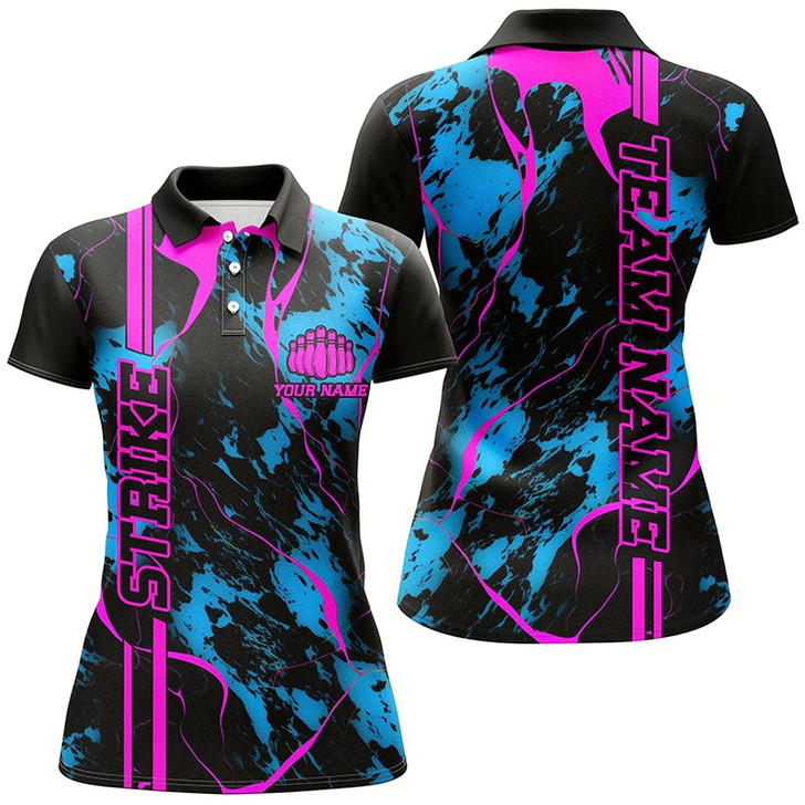 Goofygear Custom Blue And Pink Strike Bowling Shirts Women Polo Camo Bowling Team Jerseys