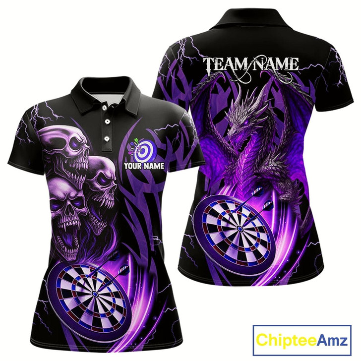 Goofygear Personalized Skull & Dragon Darts Shirt For Women Custom Lightning Dartboard Team Jersey Purple