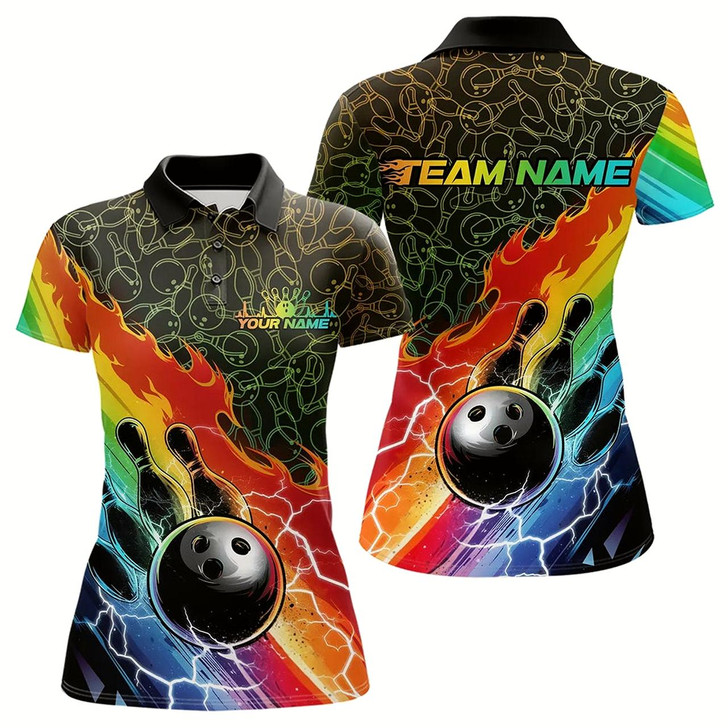 Goofygear Custom Rainbow Flame Bowling Team Polo Shirts For Women, Colorful Bowling League Shirt Style 2