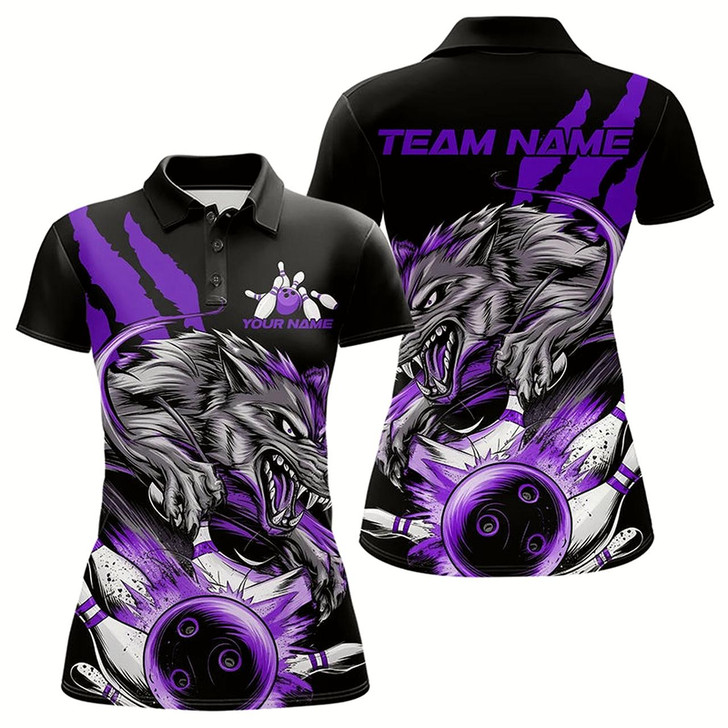 Goofygear Custom Black And Purple Wolf Bowling Women Polo Shirts, Wolf Scratch Bowling League Shirt