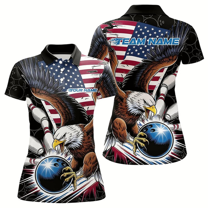 Goofygear Custom American Flag Eagle Bowling Team Women Polo Shirt, Patriotic Us Bowling League Shirt Style 1
