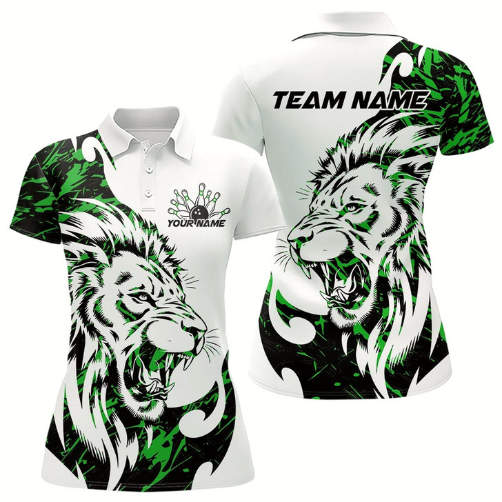 Goofygear Custom Green Camo Lion Bowling Team Polo Shirts For Women, Lion Bowling League Shirt