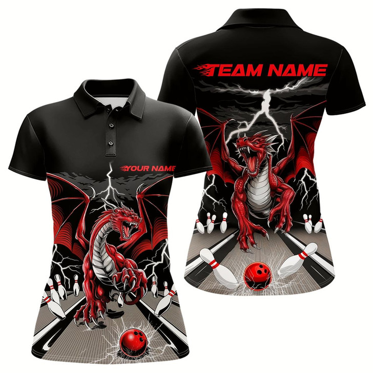 Goofygear Custom Red Dragon On The Lane Bowling Polo Shirts For Women, Dragon Bowling Team Shirt