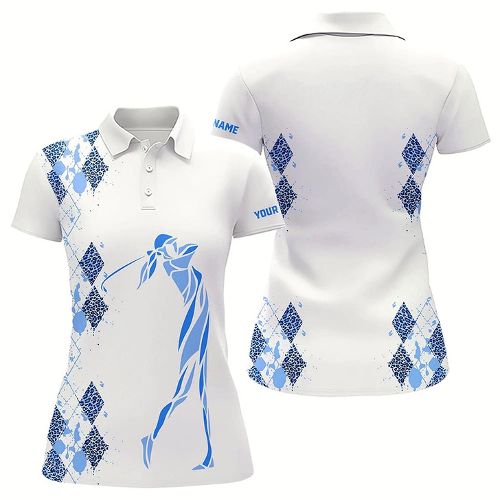 Goofygear Blue Leopard Argyle Pattern White Women Golf Polo Shirt Custom Golf Wear For Women, Unique Golf Gifts
