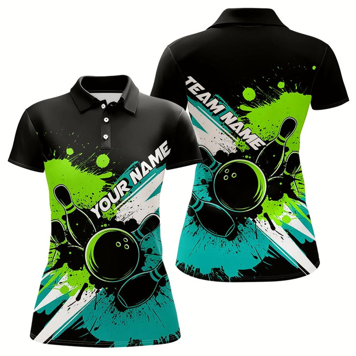Goofygear Custom Blue And Green Bowling Tournament Team Shirt, Bowling Polo Shirts For Women