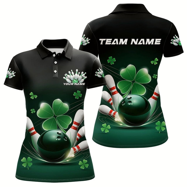 Goofygear Custom Green Shamprock Saint Patricks Bowling Womens Polo Shirts, Lucky Bowling Team Shirt Style 1