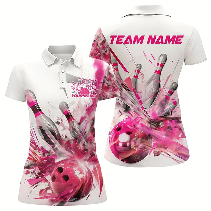 Goofygear Custom White And Pink Custom Bowling Polo Shirts For Women, Bowling Tournament Team Shirt