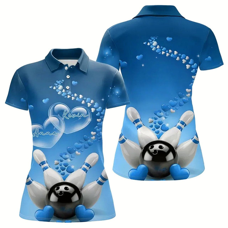 Goofygear Blue Heart Theme Custom Valentines Bowling Polo Shirts For Women, Couple Bowling Shirt