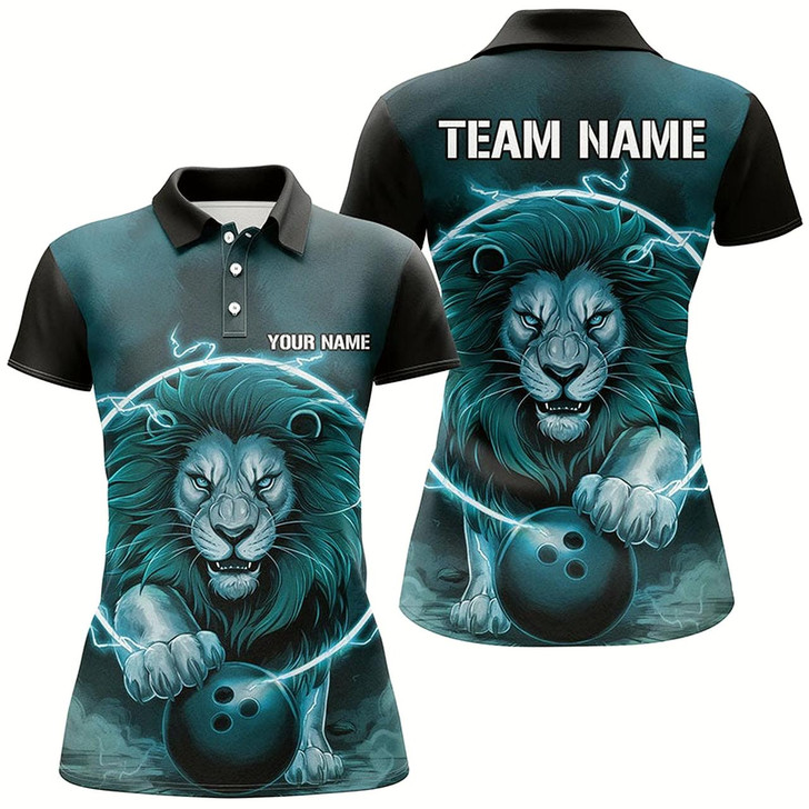Goofygear Custom Lion Bowling Polo Shirts For Women, Ladies Bowling Shirts Bowling Uniform Blue