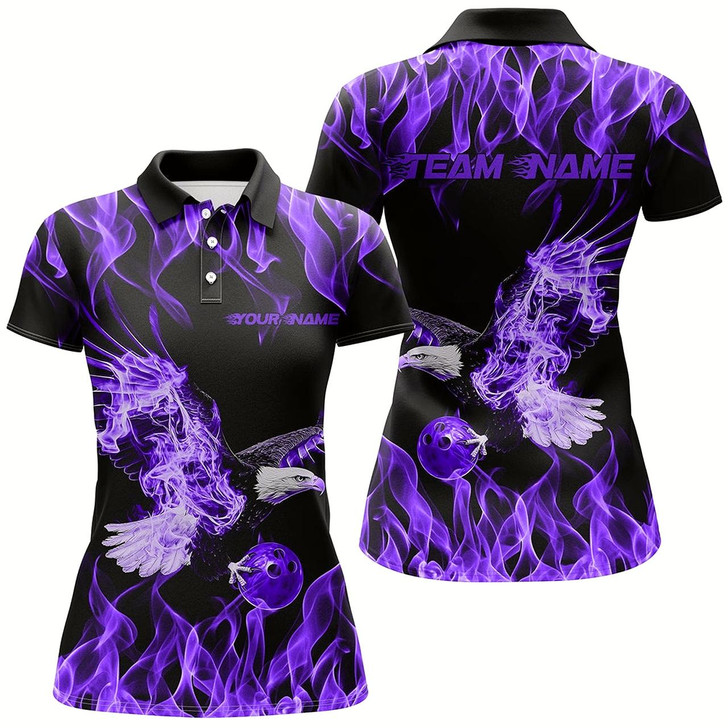 Goofygear Custom Black And Purple Flame Eagle Bowling Team Women Polo Shirts, Bowling League Shirt