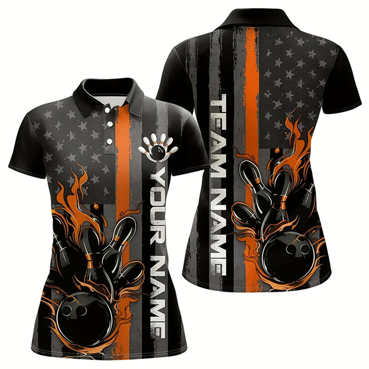 Goofygear Orange Line American Flag Custom Patriotic Flame Women Bowling Polo Shirt, Us Bowling Shirt
