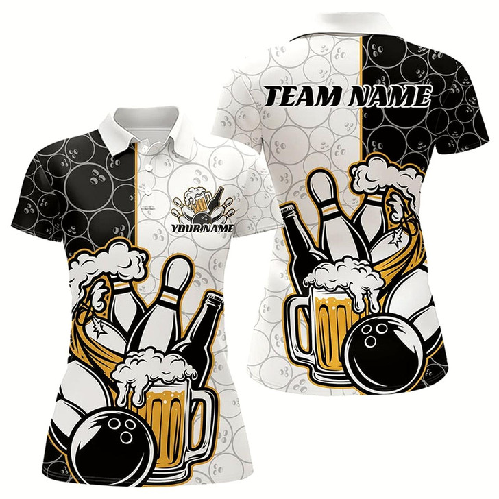 Goofygear Custom Funny Bowling And Beer Team Bowling Polo Shirts For Women, Bowling Pattern Shirt