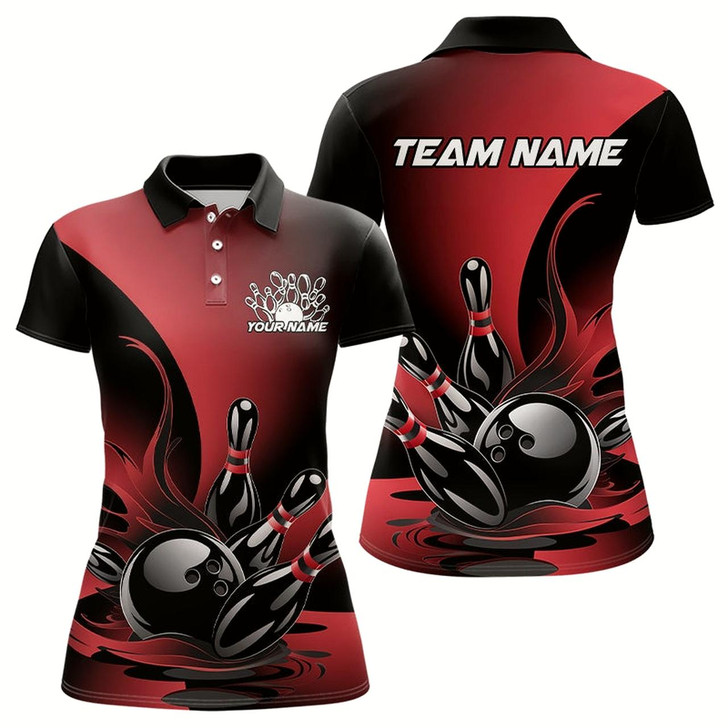 Goofygear Custom Red And Black Flame Bowling Polo Shirts For Women, Bowling League Shirt Outfit
