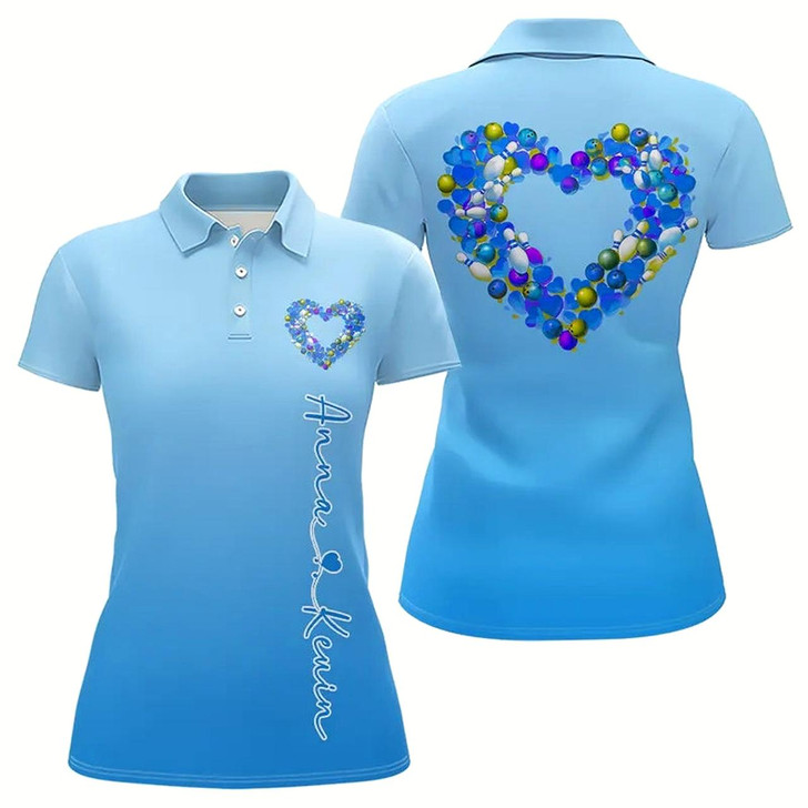 Goofygear Blue Bowling Heart Custom Valentines Bowling Polo Shirts For Women, Bowling Couple Shirt