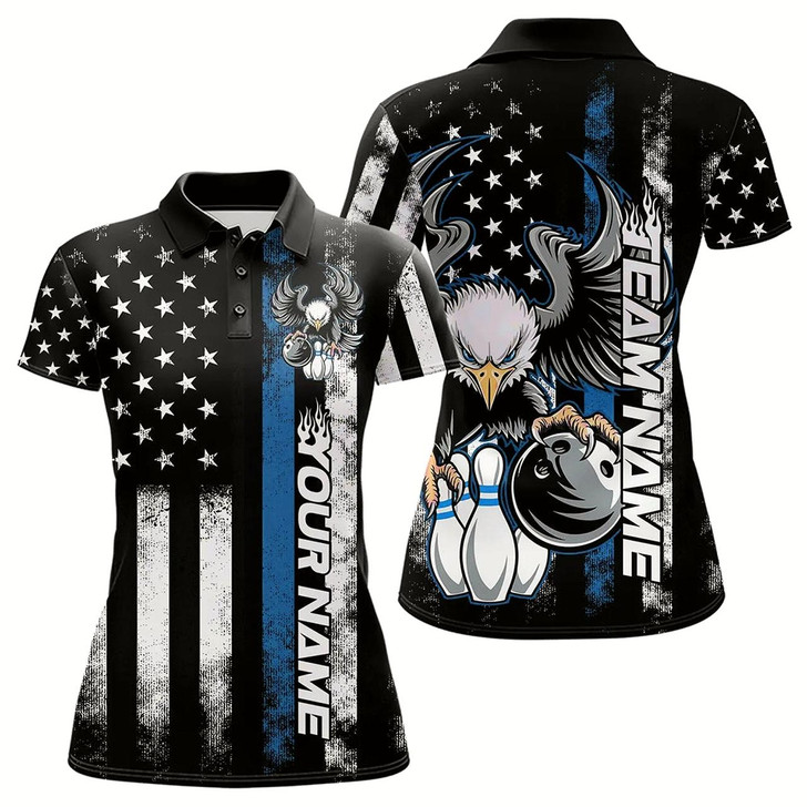 Goofygear Custom Blue Thin Line American Flag Eagle Bowling Women Polo Shirts, Patriotic Us Bowling