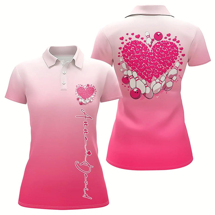 Goofygear Custom Pink Bowling Heart Polo Shirts For Women, Valentine Bowling Couple Outfits
