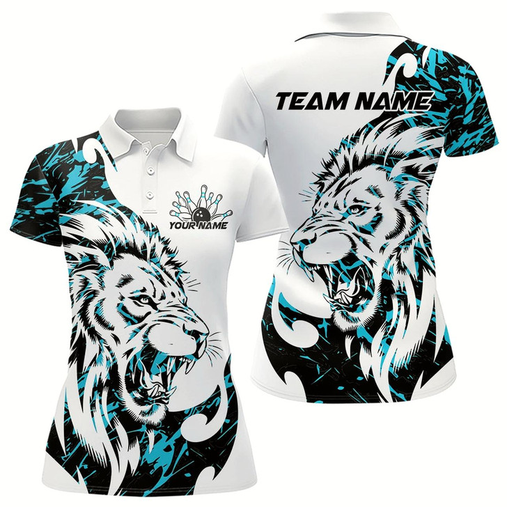 Goofygear Custom Blue Camo Lion Bowling Team Polo Shirts For Women, Lion Bowling League Shirt