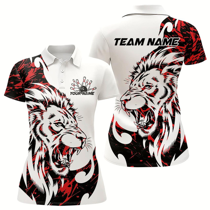 Goofygear Custom Red Camo Lion Bowling Team Polo Shirts For Women, Lion Bowling League Shirt