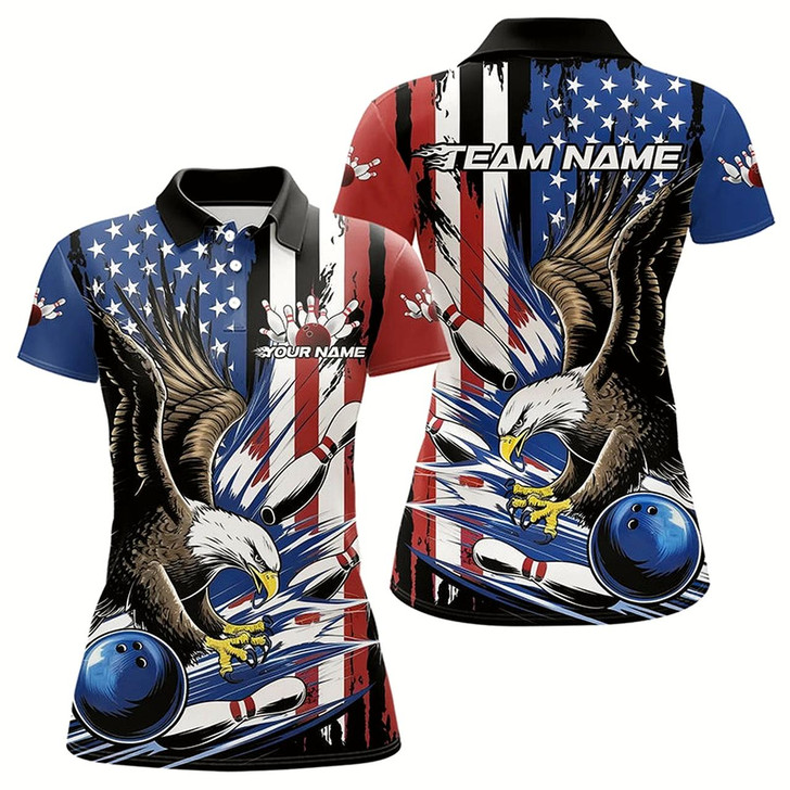 Goofygear Custom American Flag Eagle Bowling Team Women Polo Shirt, Patriotic Us Bowling League Shirt Style 3
