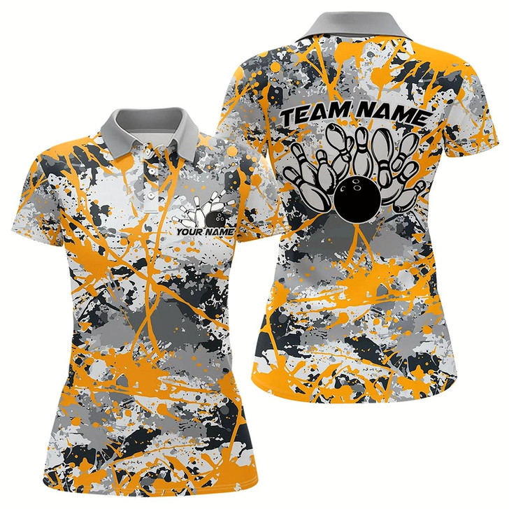 Goofygear Custom Yellow Splatter Bowling Team Polo Shirts For Women, Bowling Tournament Shirts