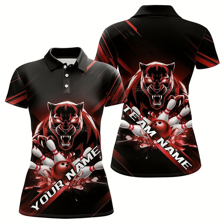 Goofygear Custom Black And Red Panther Bowling Polo Shirts For Women, Bowling Team Uniform
