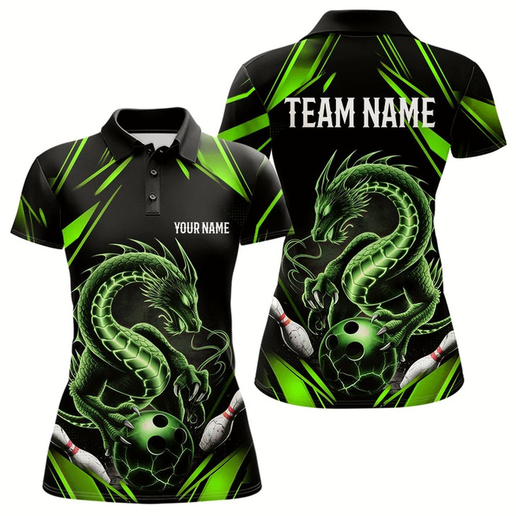 Goofygear Custom Black And Green Dragon Bowling Polo Shirts For Women, Dragon Bowling League Shirt