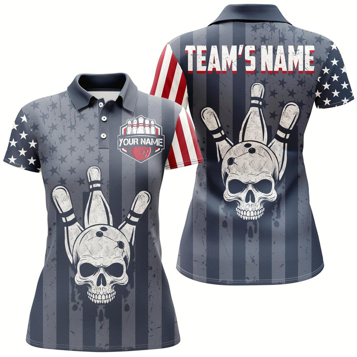 Goofygear American Flag Bowling Shirt Women Skull Bowling Jersey Team Custom Bowling Polo Shirt