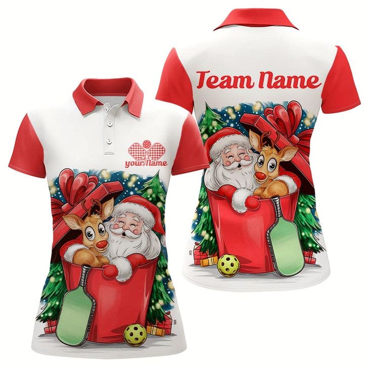 Goofygear Funny Santa And Reindeer Custom Funny Pickleball Polo Shirts For Women Pickleball Gifts