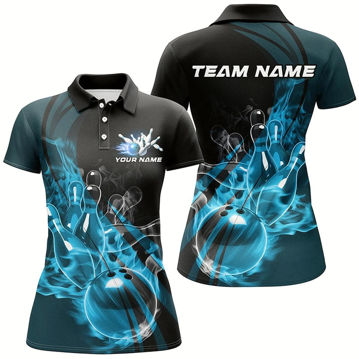 Goofygear Black And Blue Custom Flame Bowling Team Shirt For Women, Bowling Polo Bowling League Shirt