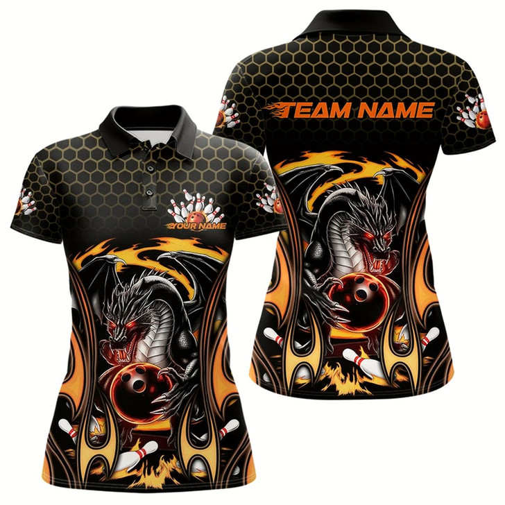 Goofygear Custom Black And Yellow Flame Dragon Bowling Women Polo Shirts, Team Bowling League Shirt