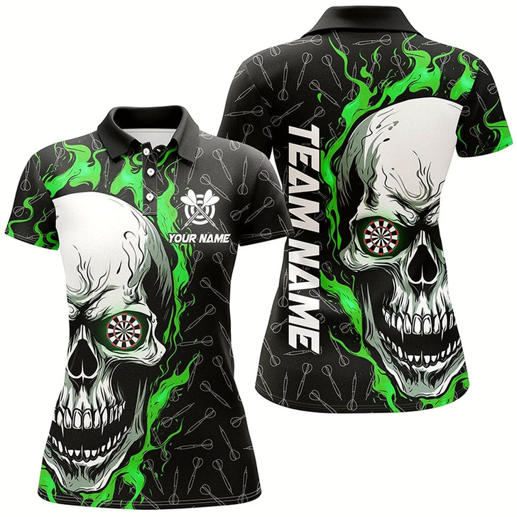 Goofygear Personalized 3D Green Skull Flame Dart Polo Shirts Custom Dart Shirts For Women Dart Jerseys