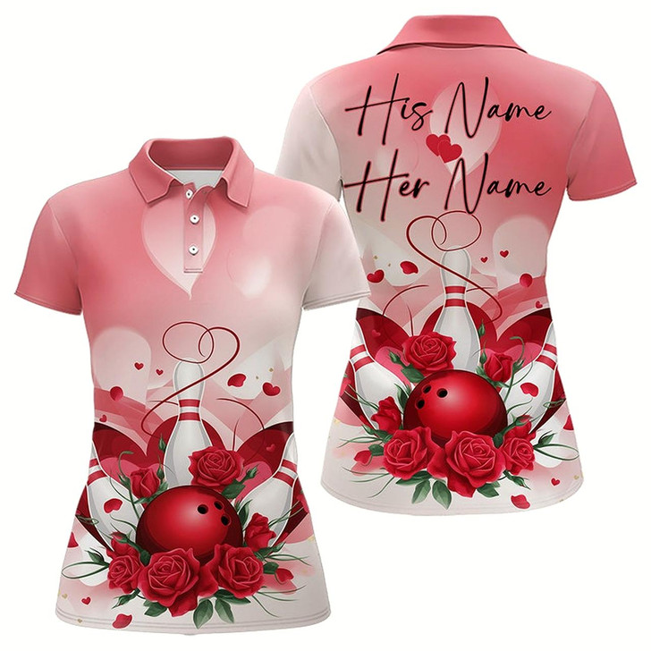 Goofygear Bowling And Red Roses Custom Valentine Bowling Polo Shirts For Women Bowling Couple Outfits Style 1