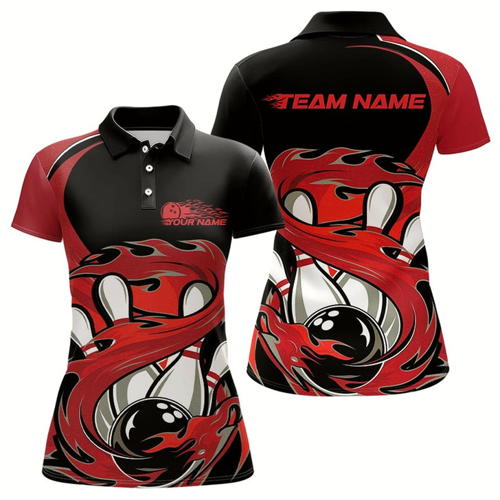 Goofygear Black And Red Custom Flame Bowling Polo Shirt For Women, Team Bowling Jerseys