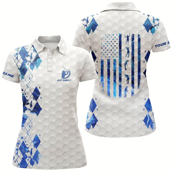 Goofygear Women Golf Polo Shirt Just Swing It American Flag Patriotic Custom Name Blue White Women Golf Shirt Style 1
