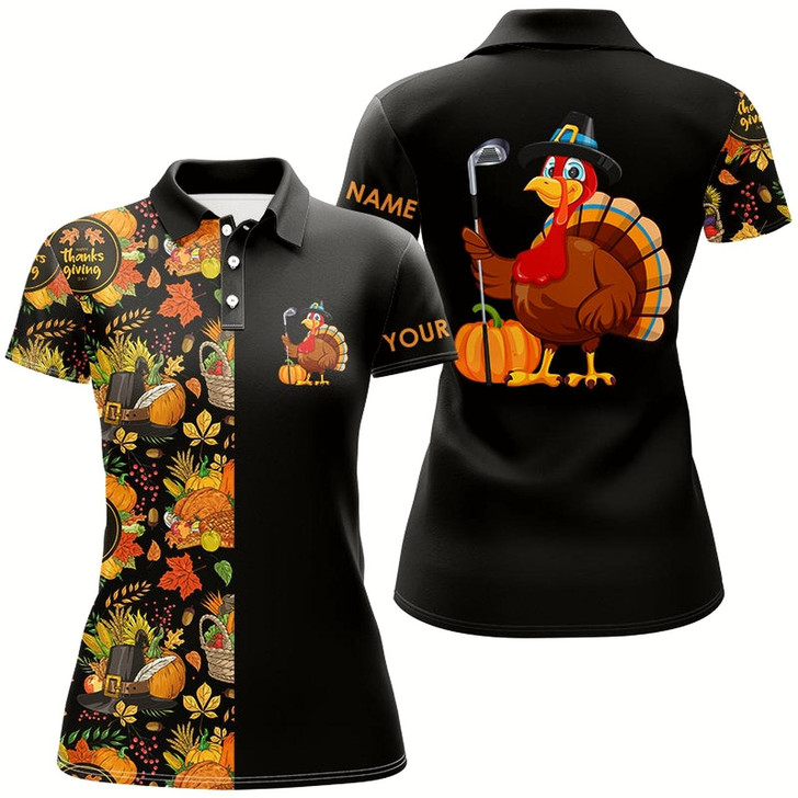Goofygear Thanksgiving Pattern Black Women Golf Polo Shirt Custom Turkey Bird Golf Tops For Women Golf Gift
