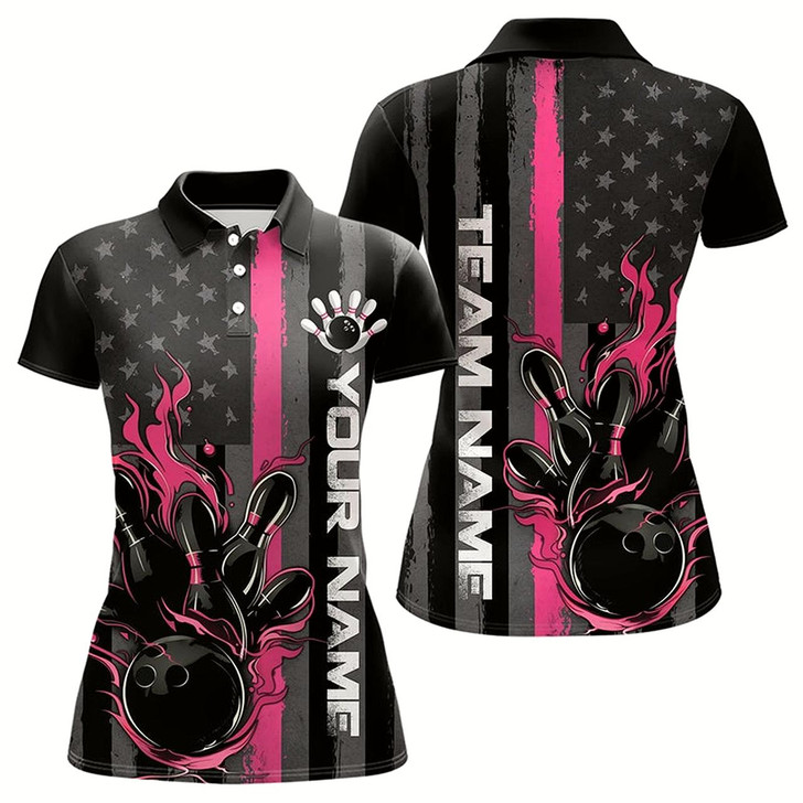 Goofygear Pink Line American Flag Custom Patriotic Flame Womens Bowling Polo Shirt, Us Bowling Shirt