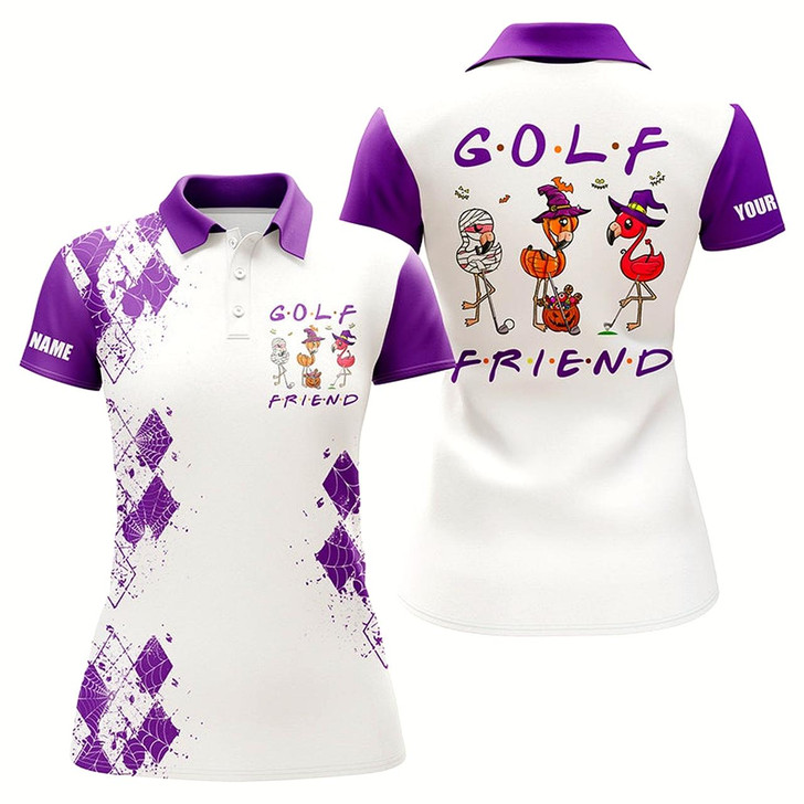 Goofygear Funny Halloween Golf Shirt Custom Women Golf Polo Shirt - Flamingo Golf Friend Halloween Purple Shirt