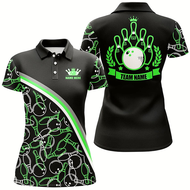 Goofygear Personalized Bowling Polo Shirts For Women Custom Name Black Green Bowling Pattern, Bowling Team Shirt