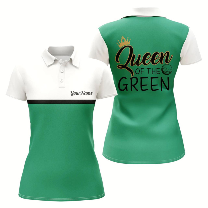 Goofygear Funny Womens Golf Polo Shirt Queen Of The Green Custom Name White And Green Golf Shirts For Women