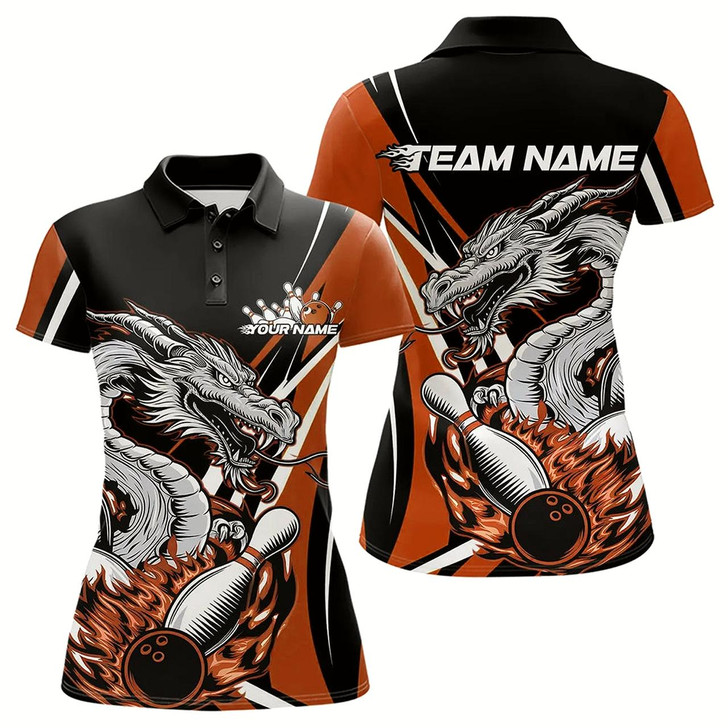 Goofygear Custom Black And Orange Flame Dragon Bowling Jerseys, Dragon Women Bowling Team Polo Shirts
