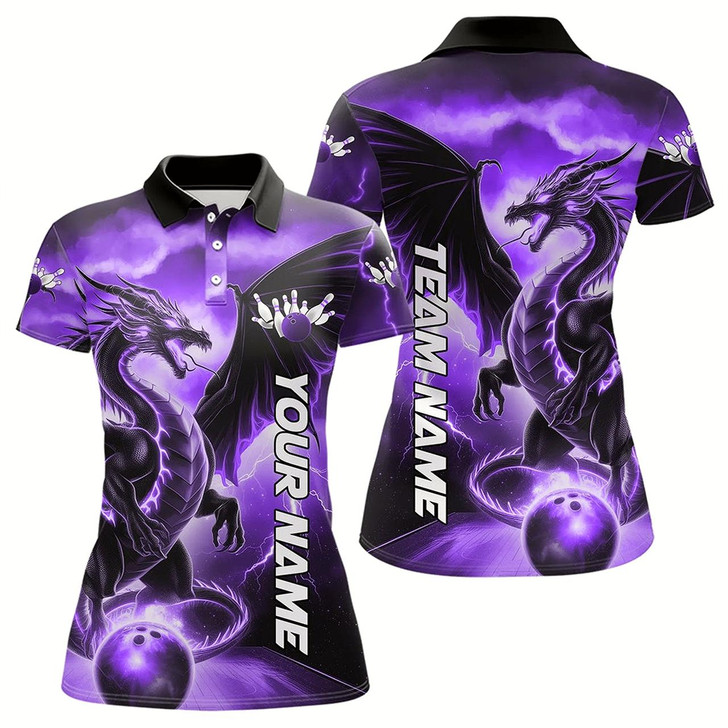 Goofygear Custom Purple Thunder Lightning Dragon Bowling Polo Shirt For Women, Dragon Bowling Uniform
