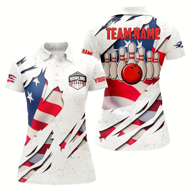 Goofygear Custom Bowling Shirts For Women American Flag Patriotic Bowling Ball & Pins White Womens Polo Shirts